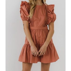 NWOT ENGLISH FACTORY PUFF SLEEVE MINI DRESS LIGHT pink/salmon color Sz lrg